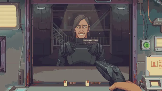 A customer stares down the barrel of the shop pistol